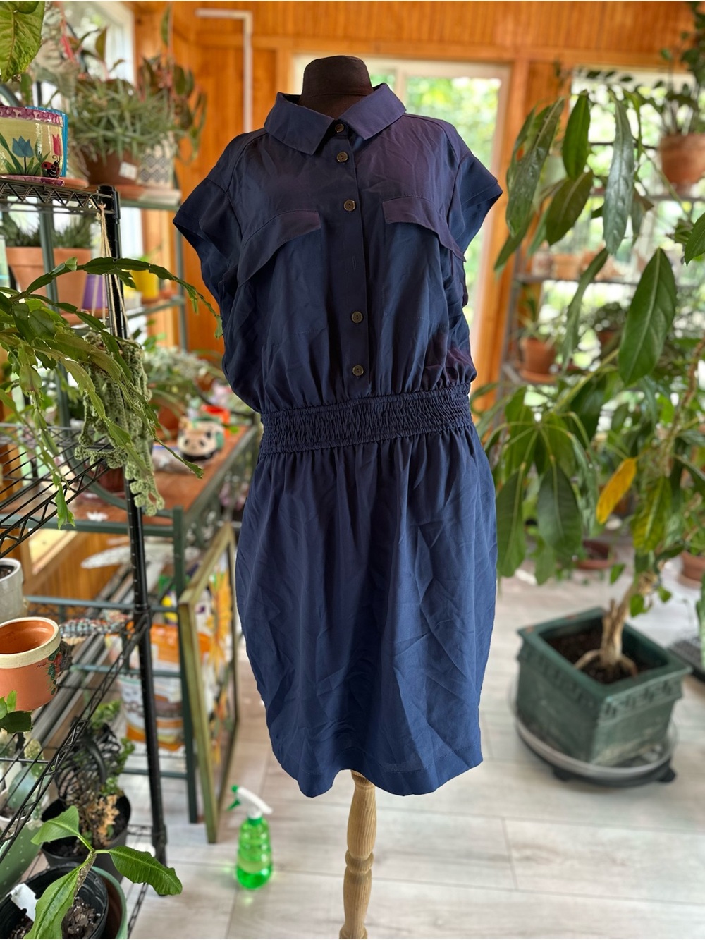 BCBGeneration Navy Button-Front Shirtdress with Smocked Waist
